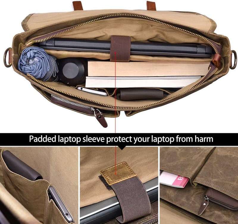 NEWHEY Mens Messenger Bag 15.6 Inch Waterproof Vintage Genuine Leather Waxed Canvas Briefcase Large Satchel Shoulder Bag Rugged Leather Computer Laptop Bag, Khaki - Image 5